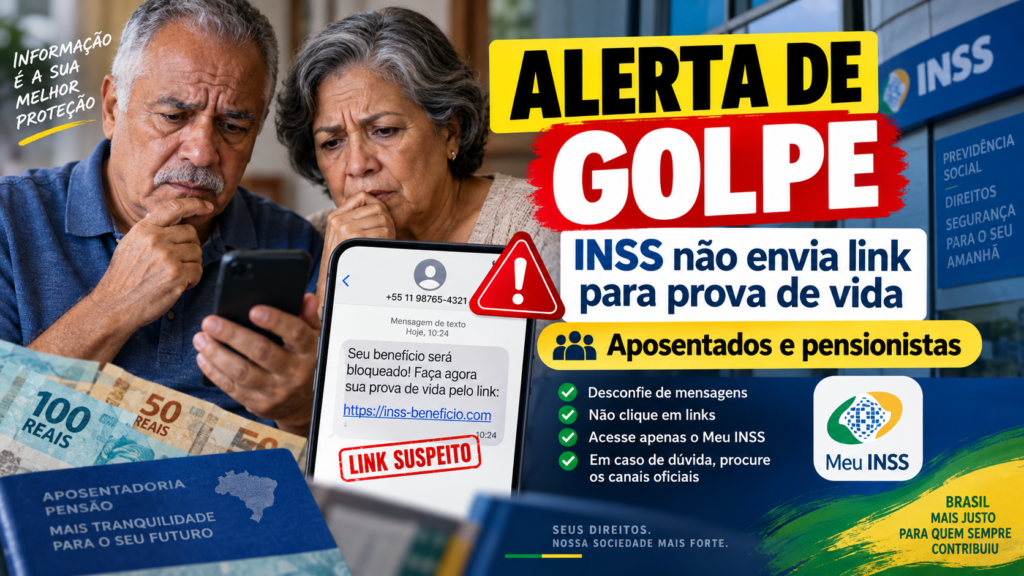 Alerta de golpe do INSS com link falso de prova de vida para aposentados e pensionistas
